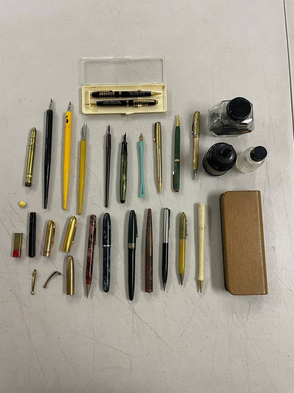 Vintage Writing Instrument Lot Fountain Pens Dip Pens Ink Bottles Case